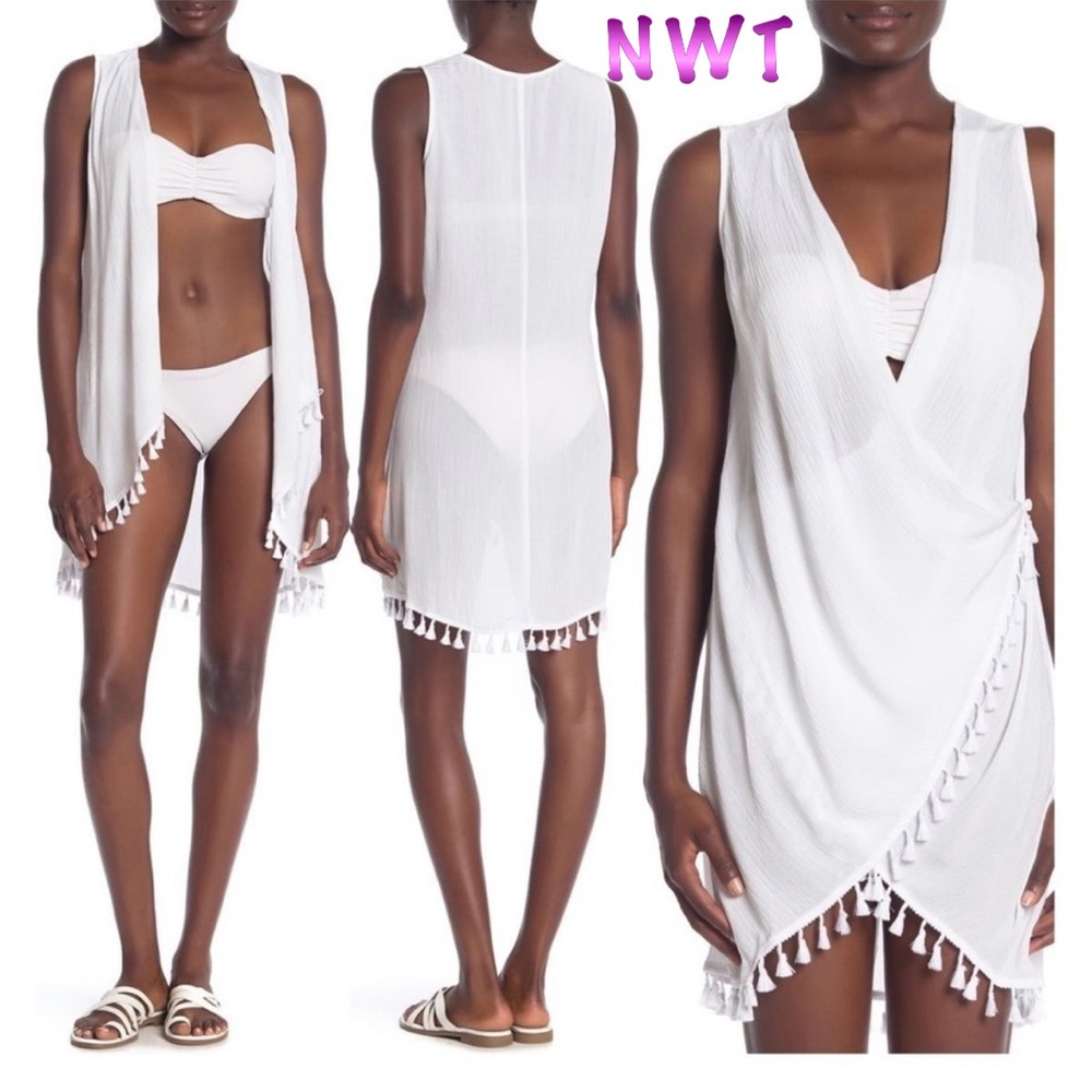 NWT-Athena White Swim Cover-Up with Deep V-Neck and Tassel Trim M - Picture 1 of 7